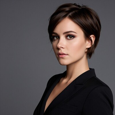 Woman with short brown pixie haircut