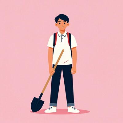 Boy with shovel and backpack