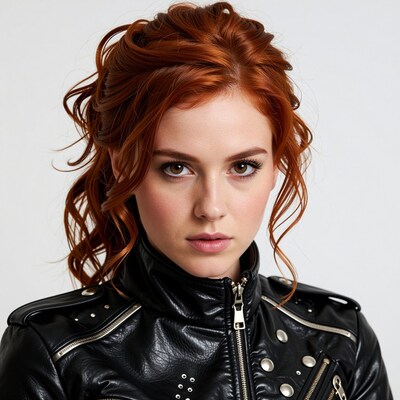 Redhead woman in black leather jacket
