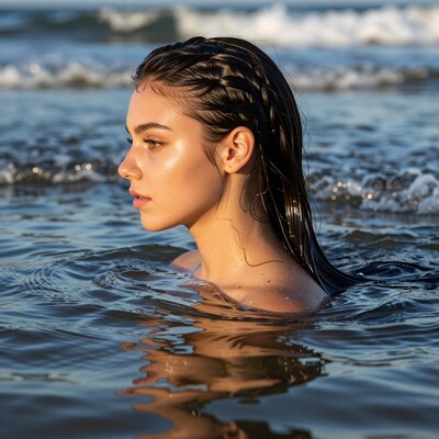 Woman in Ocean with Braided Hair