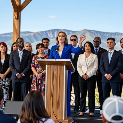 Woman speaking at outdoor podium