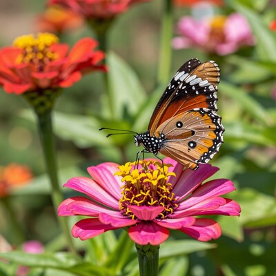 Butterfly on Pink Zinnia Flower