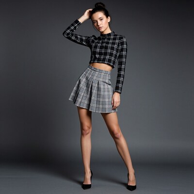 Woman in plaid crop top and mini skirt