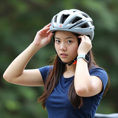Asian woman adjusting bike helmet