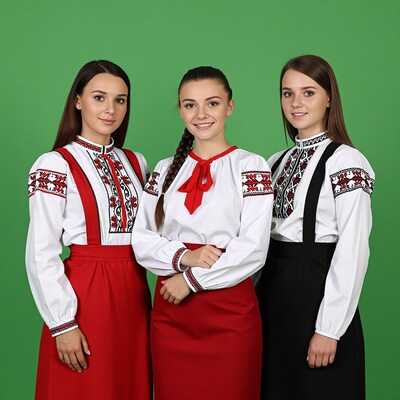 Three women in Slavic folk costumes