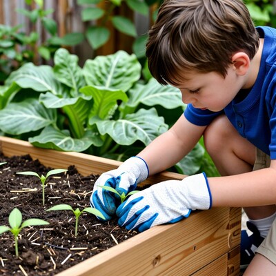Boy planting seedlings in garden bed