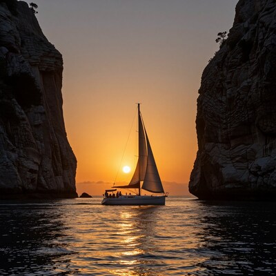 Sailboat at Sunset Between Cliffs
