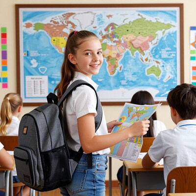 Girl with backpack and world map in classroom