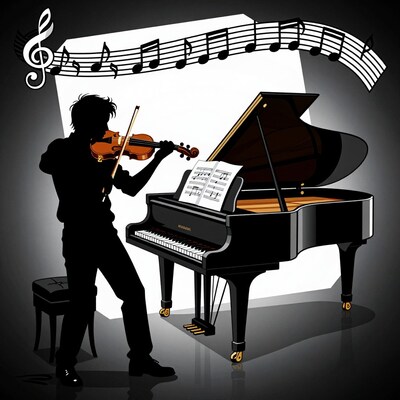 Violinist playing by grand piano