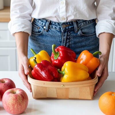 Woman holding basket of bell peppers
