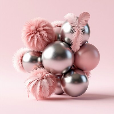 Pink fluffy feathers and metallic spheres