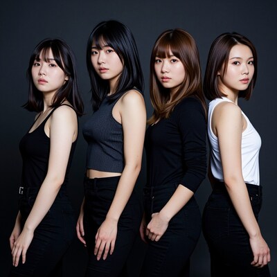 Four young Asian women in black and white tops