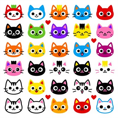 Colorful Cartoon Cat Faces