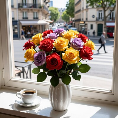 Colorful roses bouquet Paris window