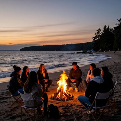 Friends around beach bonfire at sunset