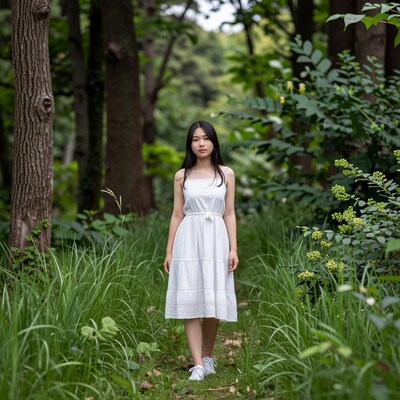 Young Asian woman in white dress forest