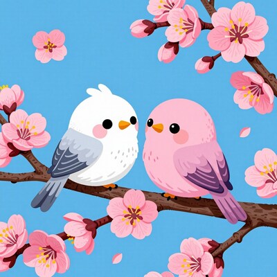 Two Cute Birds on Cherry Blossom Branch
