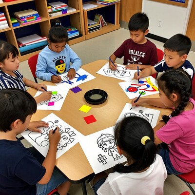 Children coloring at classroom table