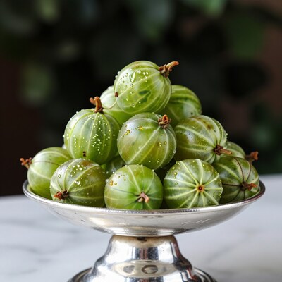 Fresh Gooseberries on Silver Pedestal