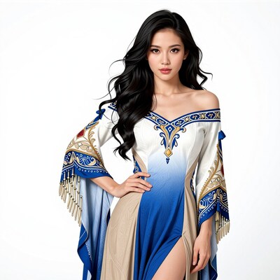 Asian woman in ornate blue white dress