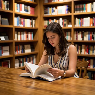 Woman Reading Book in Library