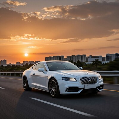White Luxury Coupe at Sunset