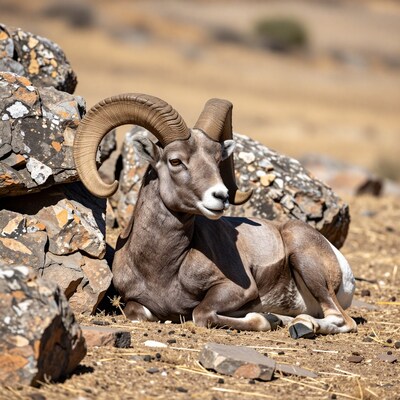 Bighorn Ram Resting on Rocks
