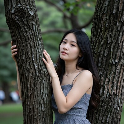 Young Asian woman by tree