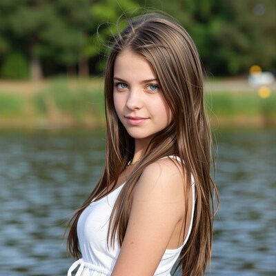 Young woman by lake