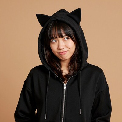Asian woman in black cat ear hoodie