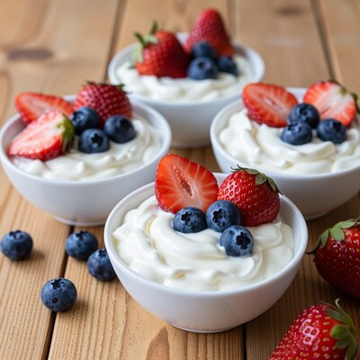 Yogurt bowls with strawberries and blueberries