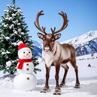 Reindeer and Snowman in Snowy Landscape