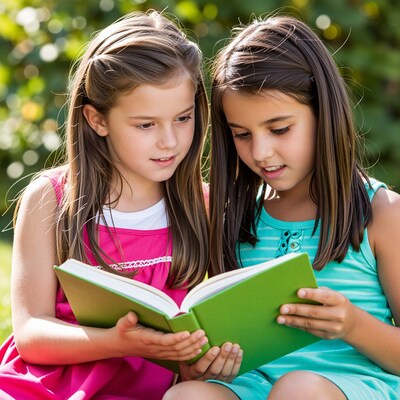 Two girls reading book outdoors
