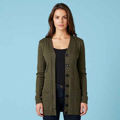Woman in olive green cardigan