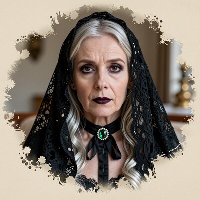 Elderly Woman in Black Lace Veil