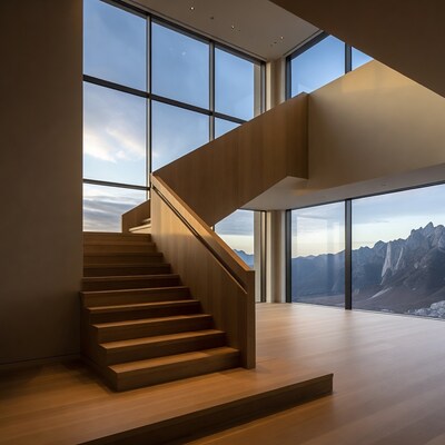 Modern Wooden Staircase Mountain View
