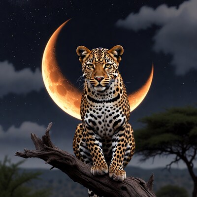Leopard on Branch Under Crescent Moon
