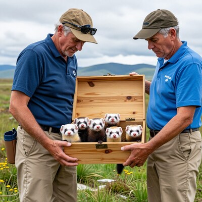 Two men with ferrets in wooden box
