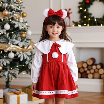 Young girl in Minnie Mouse Christmas dress