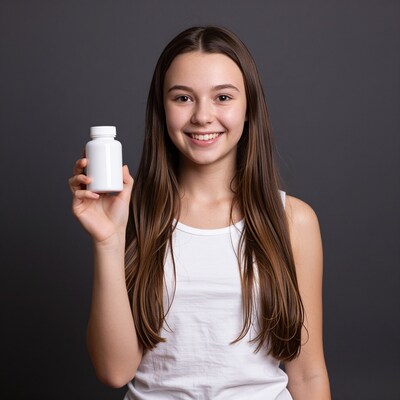 Young woman holding vitamin bottle
