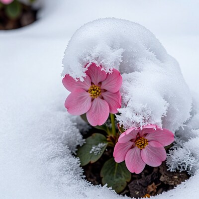 Pink flowers in snow