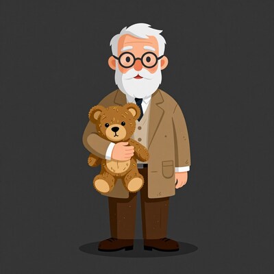 Elderly man hugging teddy bear