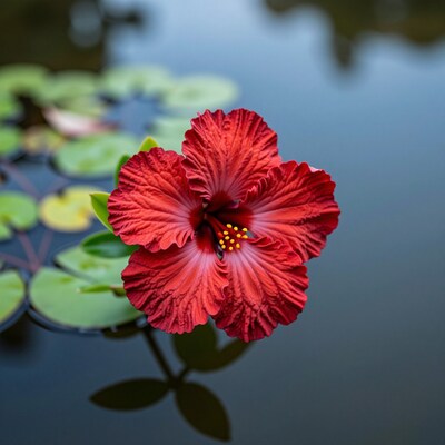 Red Hibiscus Flower on Pond