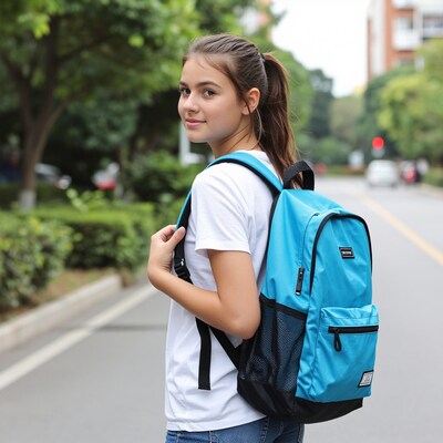 Teen girl with blue backpack
