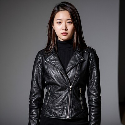 Asian woman in black leather jacket
