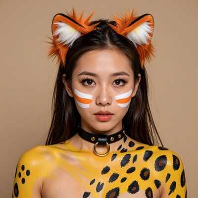 Asian woman in leopard body paint