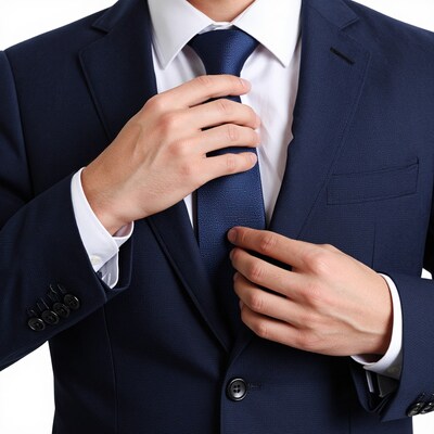 Man adjusting navy blue tie