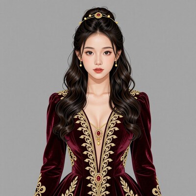 Elegant Asian Woman in Red Velvet Gown