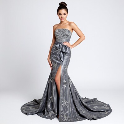 Woman in Gray Strapless Mermaid Gown