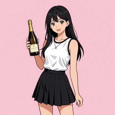 Anime girl with champagne bottle